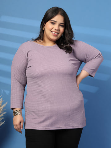 Plus Size Self Design Round Neck Three-Quarter Sleeves T-shirt