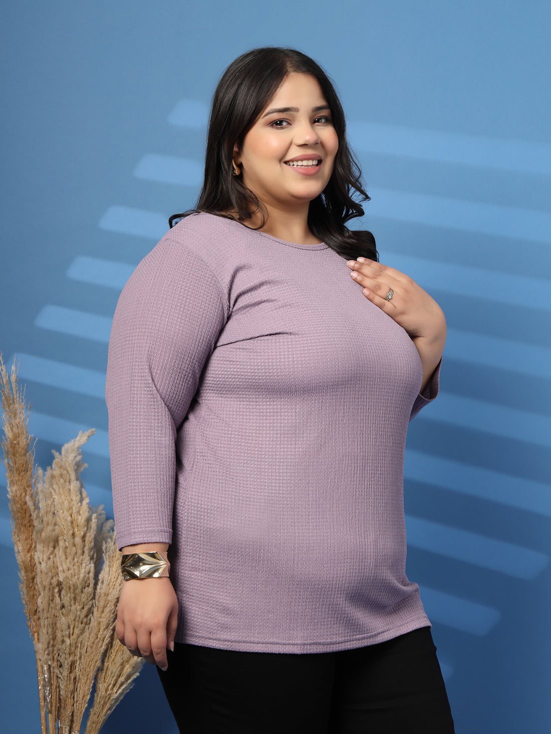 Plus Size Self Design Round Neck Three-Quarter Sleeves T-shirt