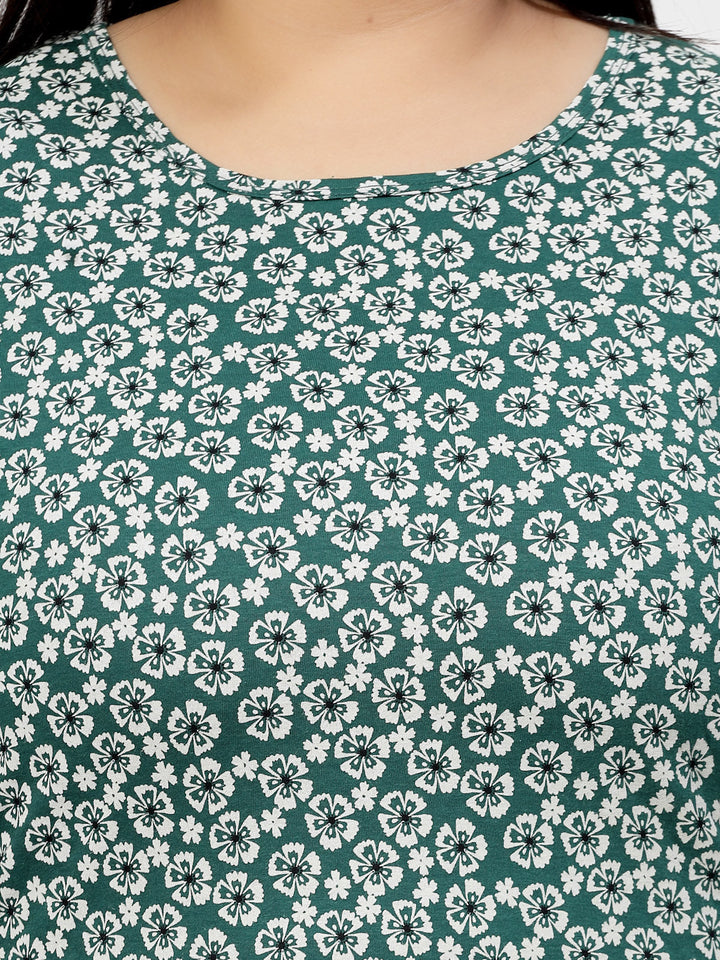 Green Floral Printed Round Neck Regular Fit Cotton Casual T-shirt