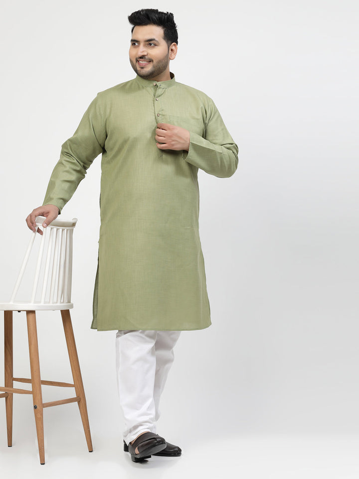 Men Green & White Solid Kurta with Pyjamas