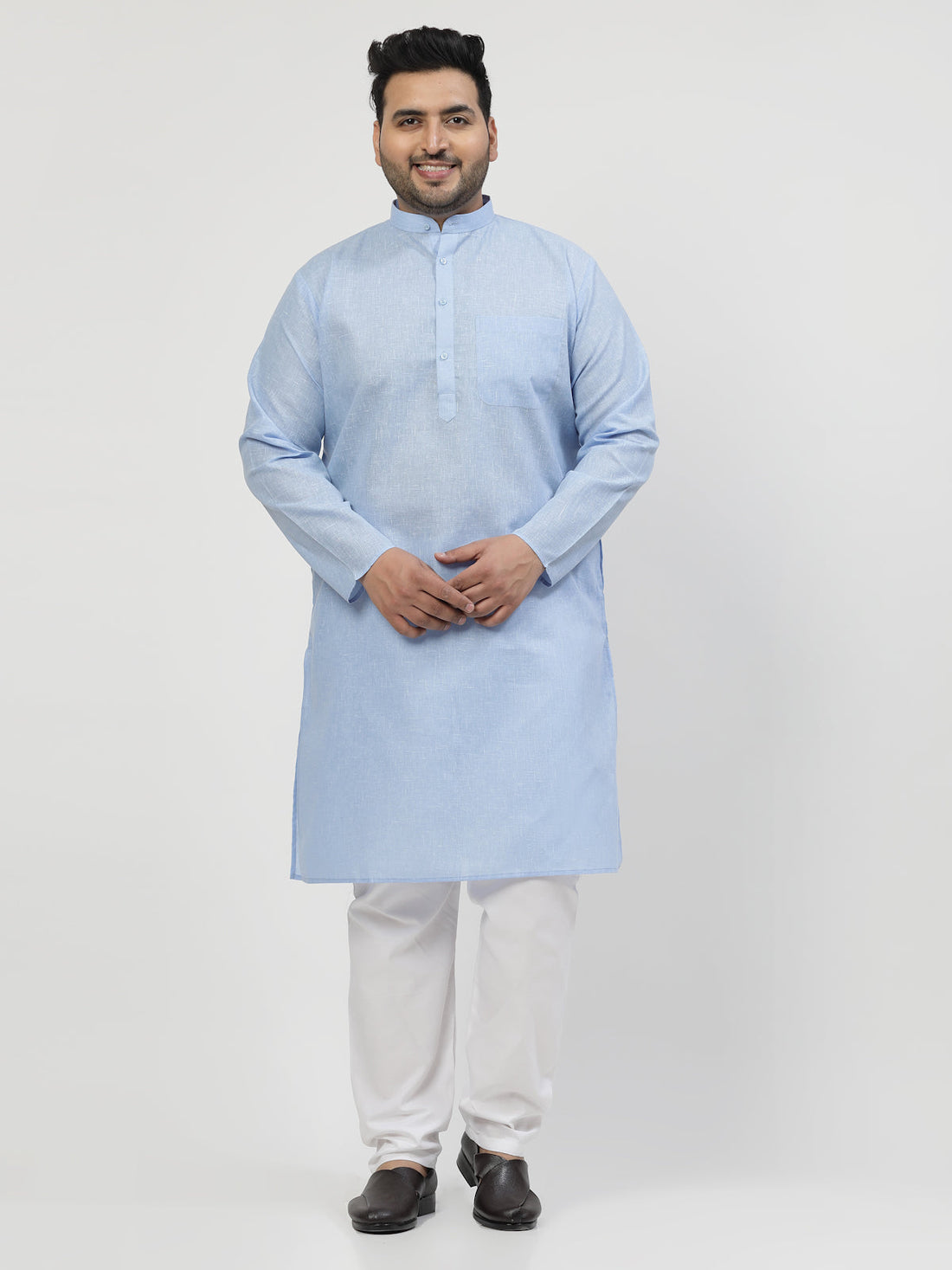 Plus Size Blue & White Regular Pure Cotton Kurta with Pyjamas