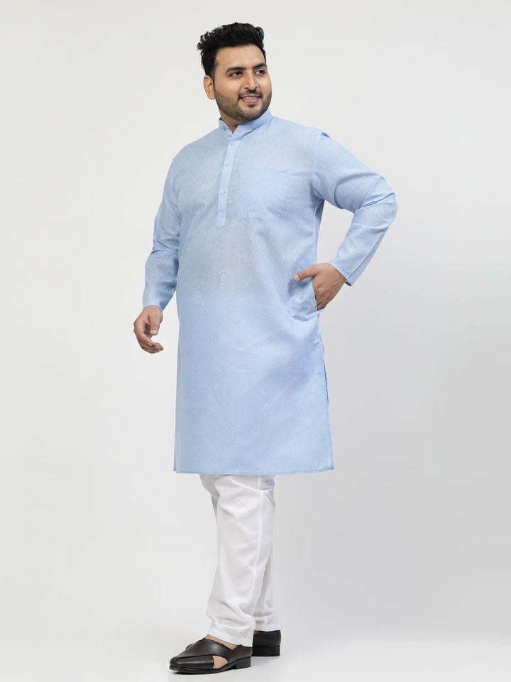 Plus Size Blue & White Regular Pure Cotton Kurta with Pyjamas