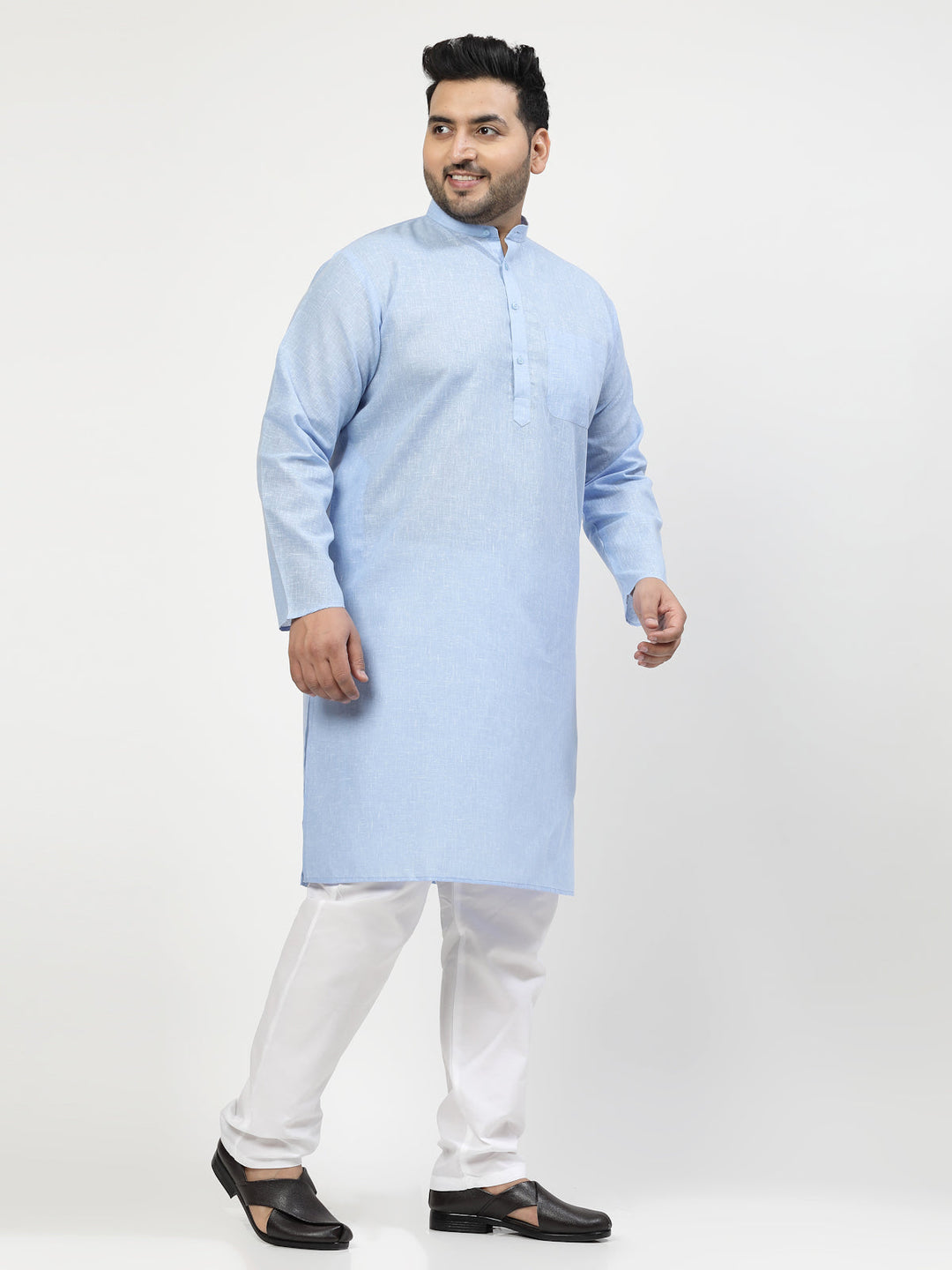 Plus Size Blue & White Regular Pure Cotton Kurta with Pyjamas