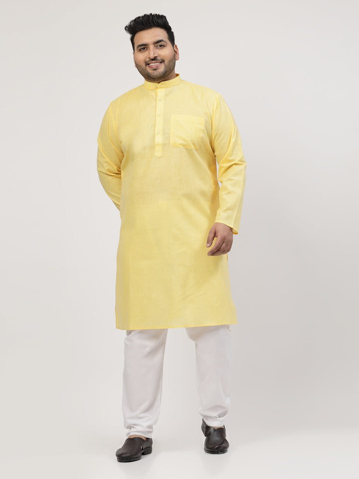 Plus Size Yellow & White Regular Pure Cotton Kurta with Pyjamas