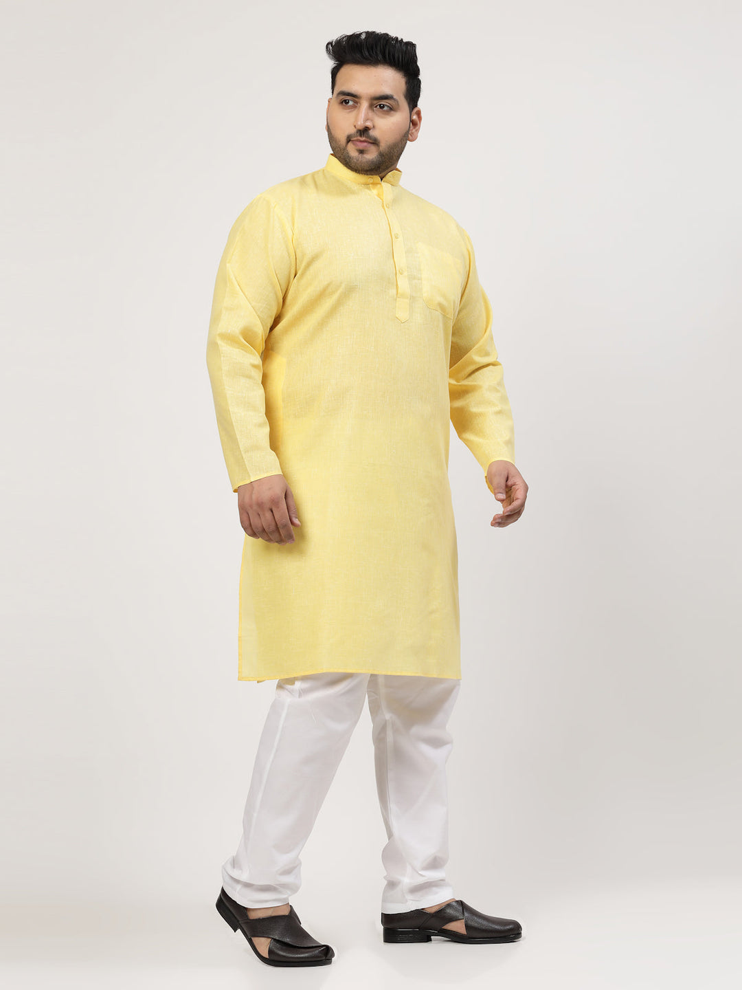 Plus Size Yellow & White Regular Pure Cotton Kurta with Pyjamas