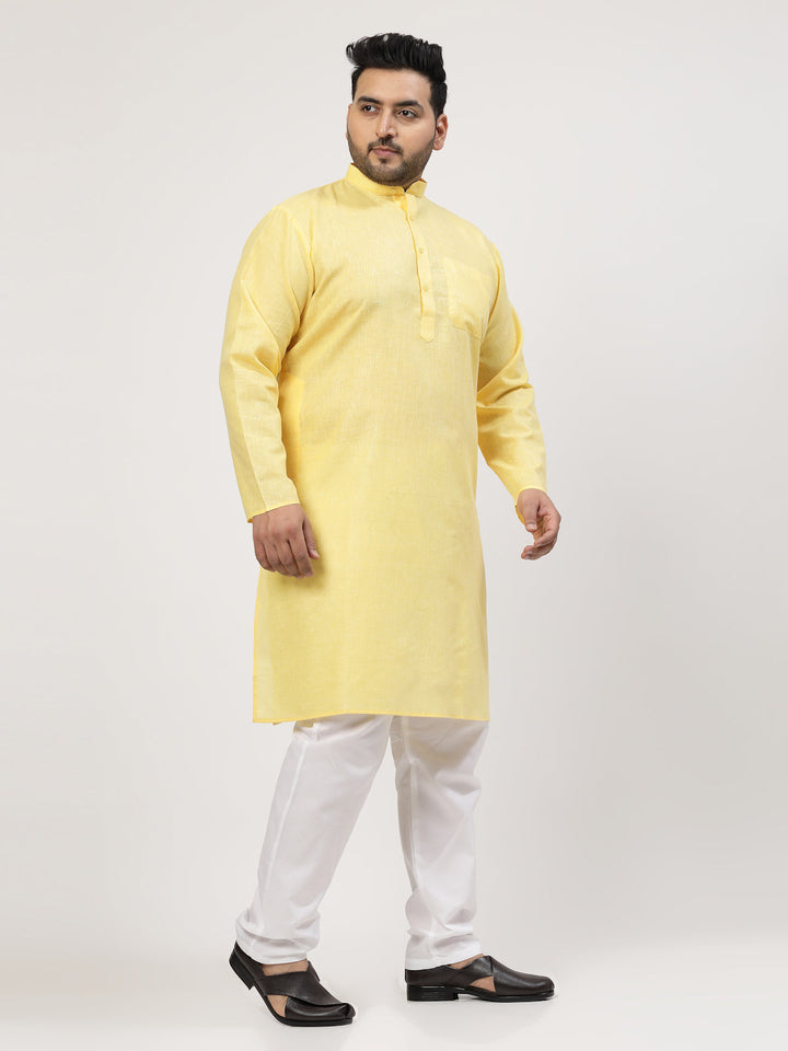 Plus Size Yellow & White Regular Pure Cotton Kurta with Pyjamas