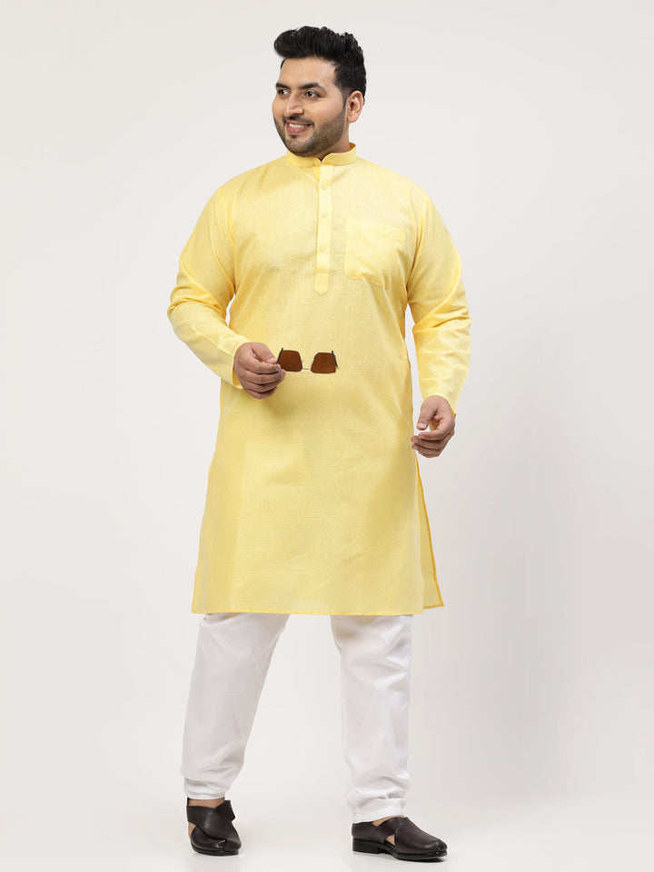 Plus Size Yellow & White Regular Pure Cotton Kurta with Pyjamas