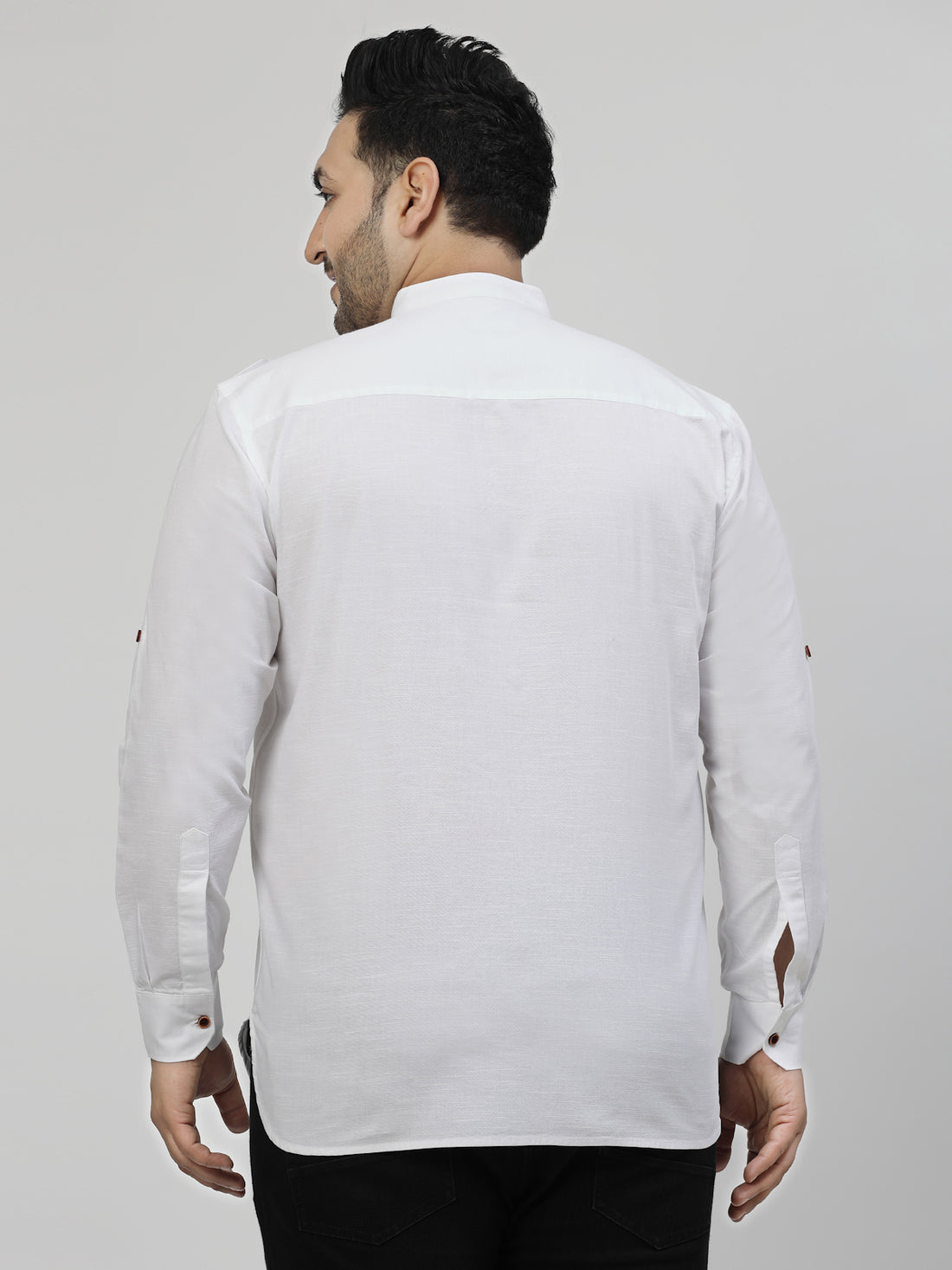 Plus Size Mandarin Collar Roll Up Sleeves Pure Cotton Casual Shirt