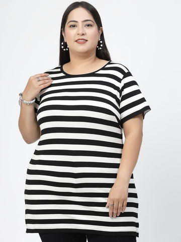 White Horizontal Striped Round Neck Pure Cotton Casual T-shirt