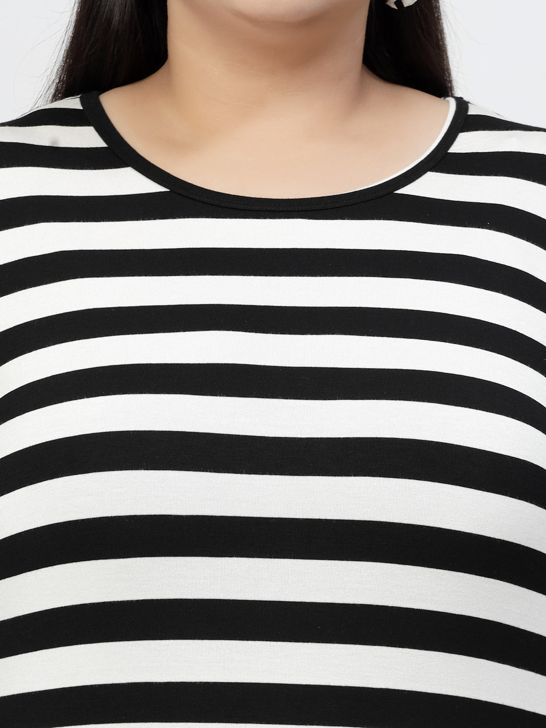 White Horizontal Striped Round Neck Pure Cotton Casual T-shirt