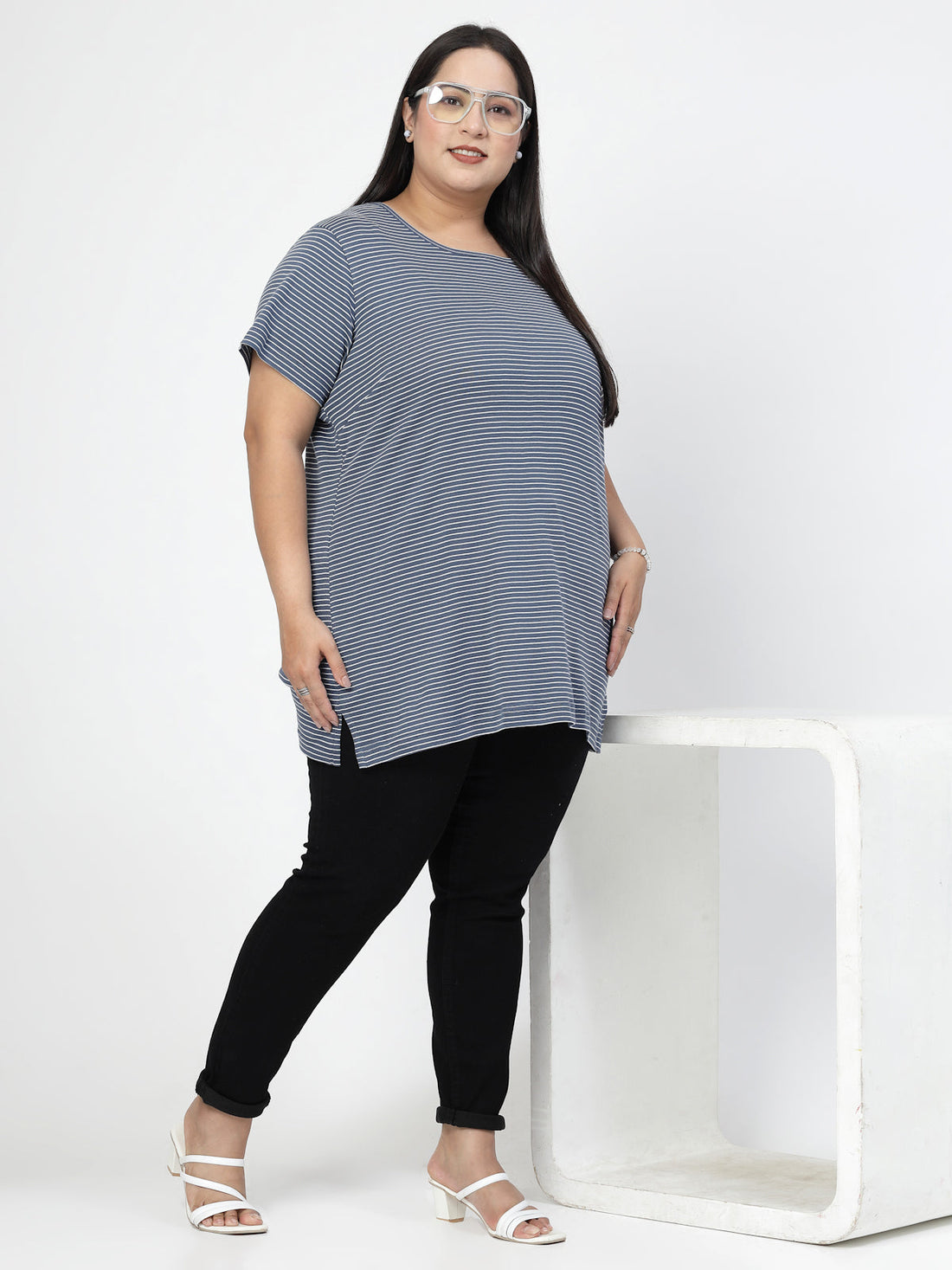 Women Striped Round Neck Plus Size T-shirt