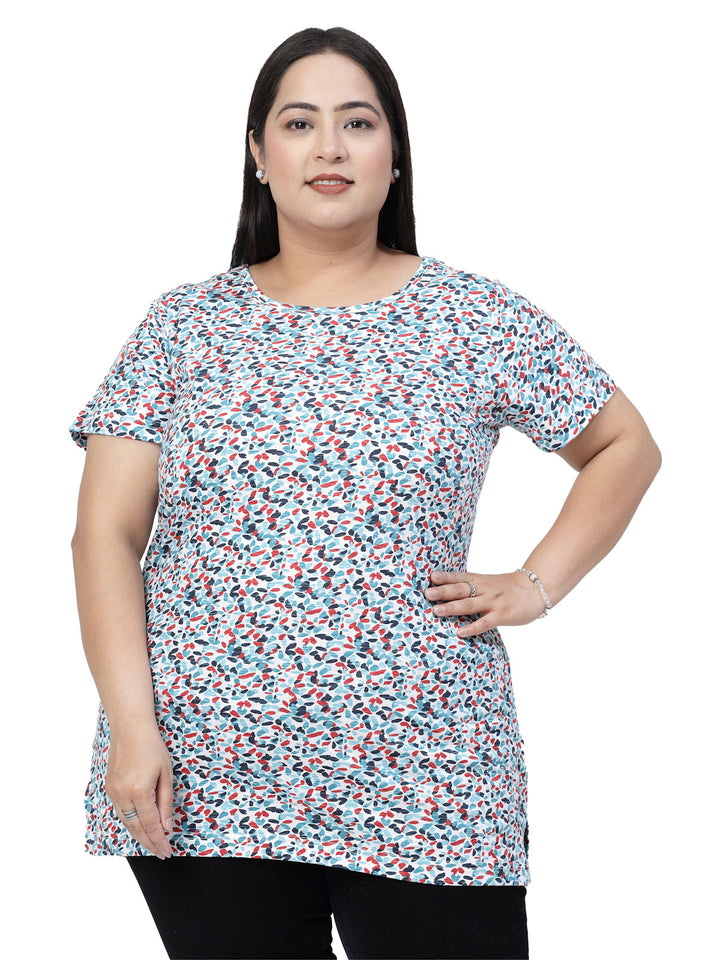 Round Neck Short Sleeves Abstract Printed Cotton Regular Fit Plus Size T-shirt