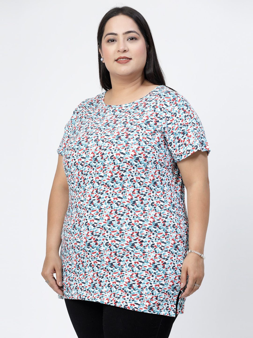 Round Neck Short Sleeves Abstract Printed Cotton Regular Fit Plus Size T-shirt