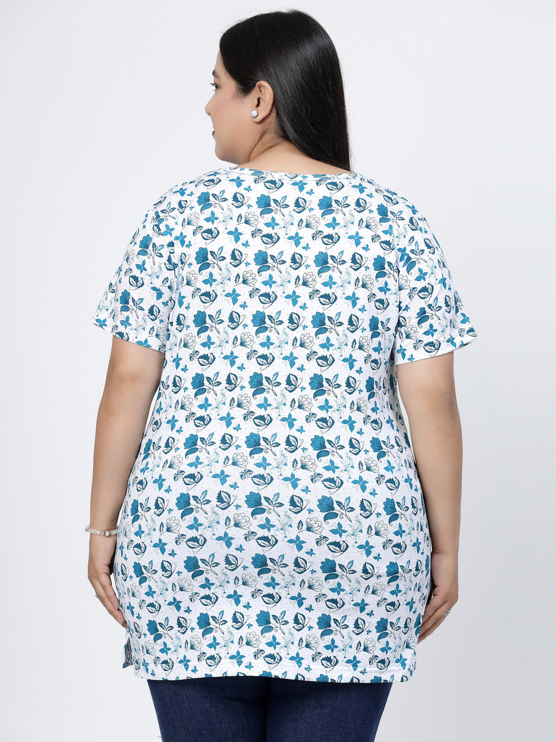 Round Neck Short Sleeves Floral Printed Cotton Regular Fit Plus Size T-shirt