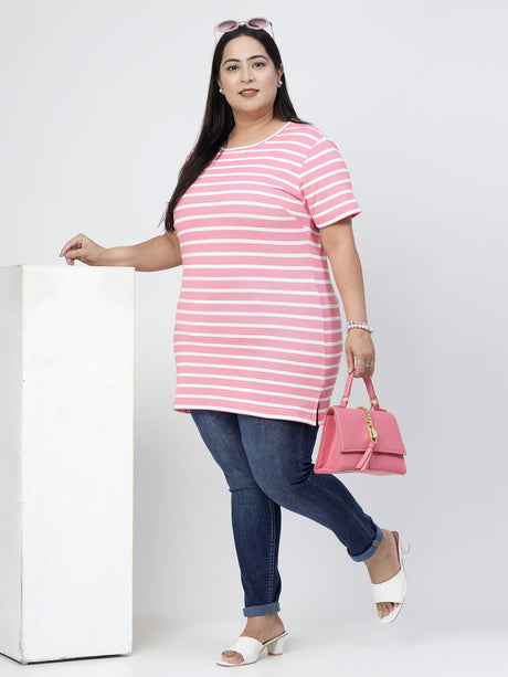 Pink Striped Round Neck Short Sleeves Cotton T-shirt