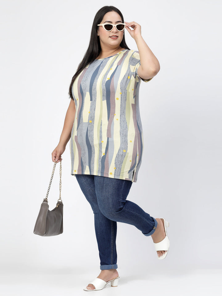 Grey Abstract Printed Drop-Shoulder Sleeves Cotton Casual T-shirt