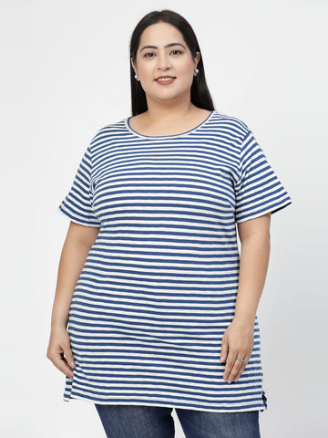 White Striped Drop-Shoulder Sleeves Regular Fit Cotton Casual T-shirt