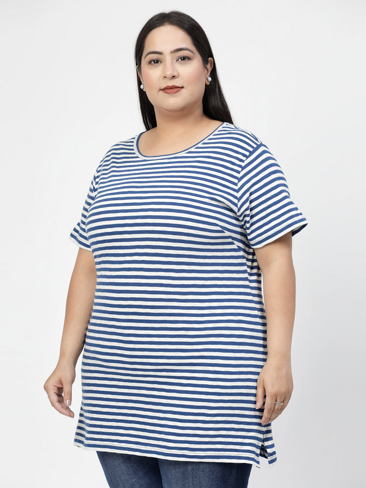 White Striped Drop-Shoulder Sleeves Regular Fit Cotton Casual T-shirt