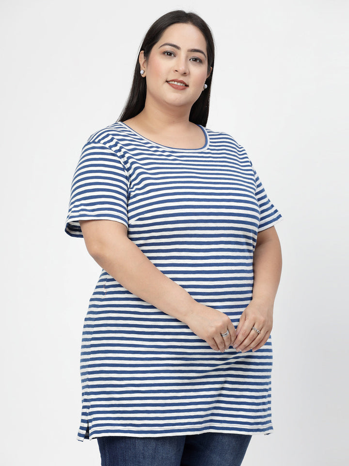 White Striped Drop-Shoulder Sleeves Regular Fit Cotton Casual T-shirt