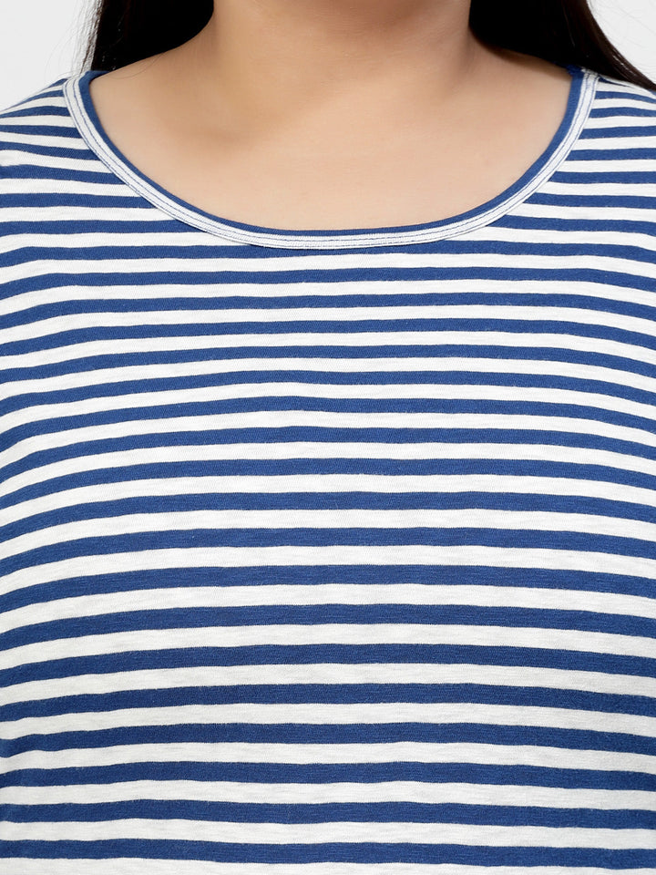 White Striped Drop-Shoulder Sleeves Regular Fit Cotton Casual T-shirt