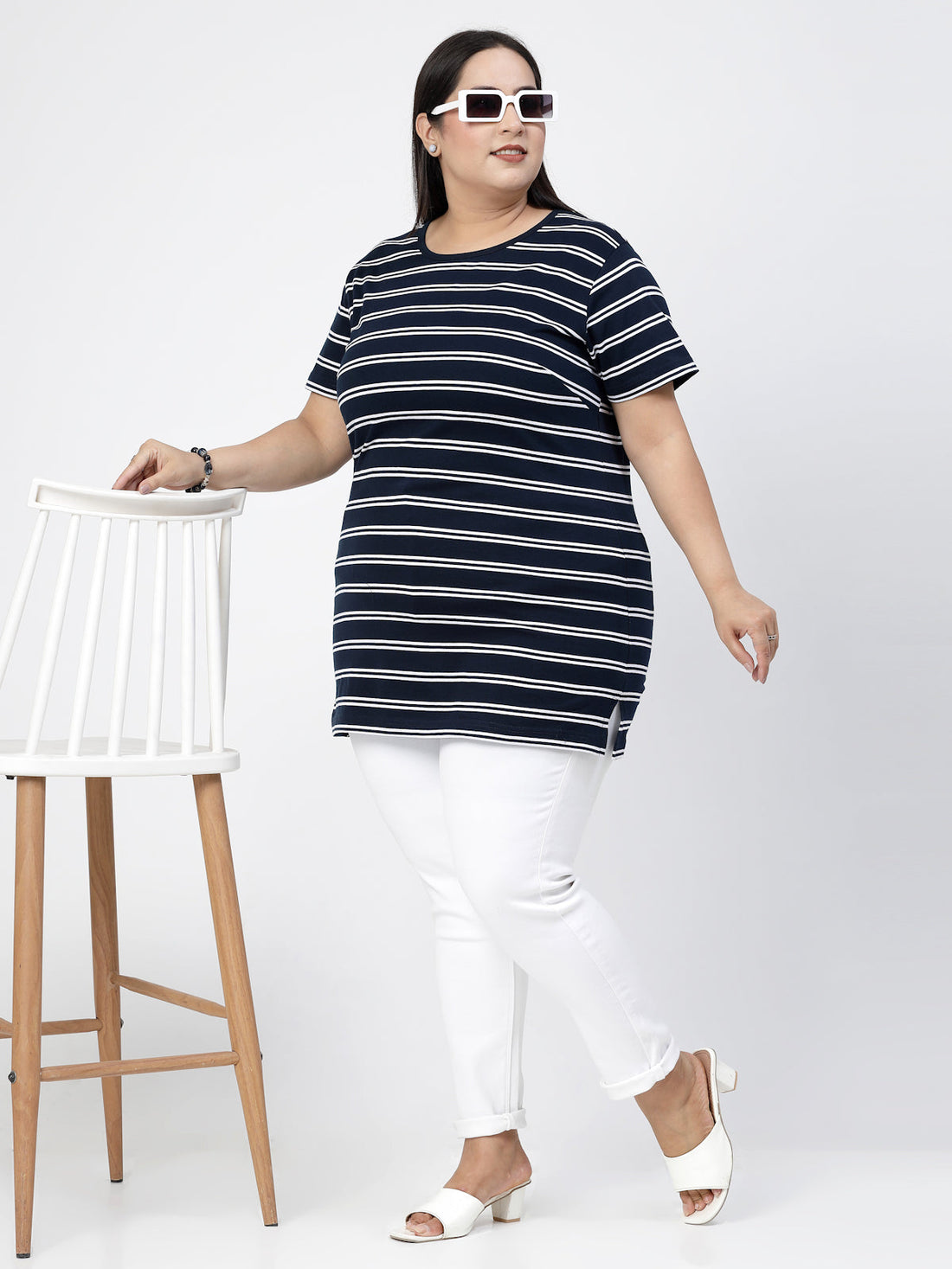 Round Neck Short Sleeves Striped Cotton Regular Fit Plus Size T-shirt