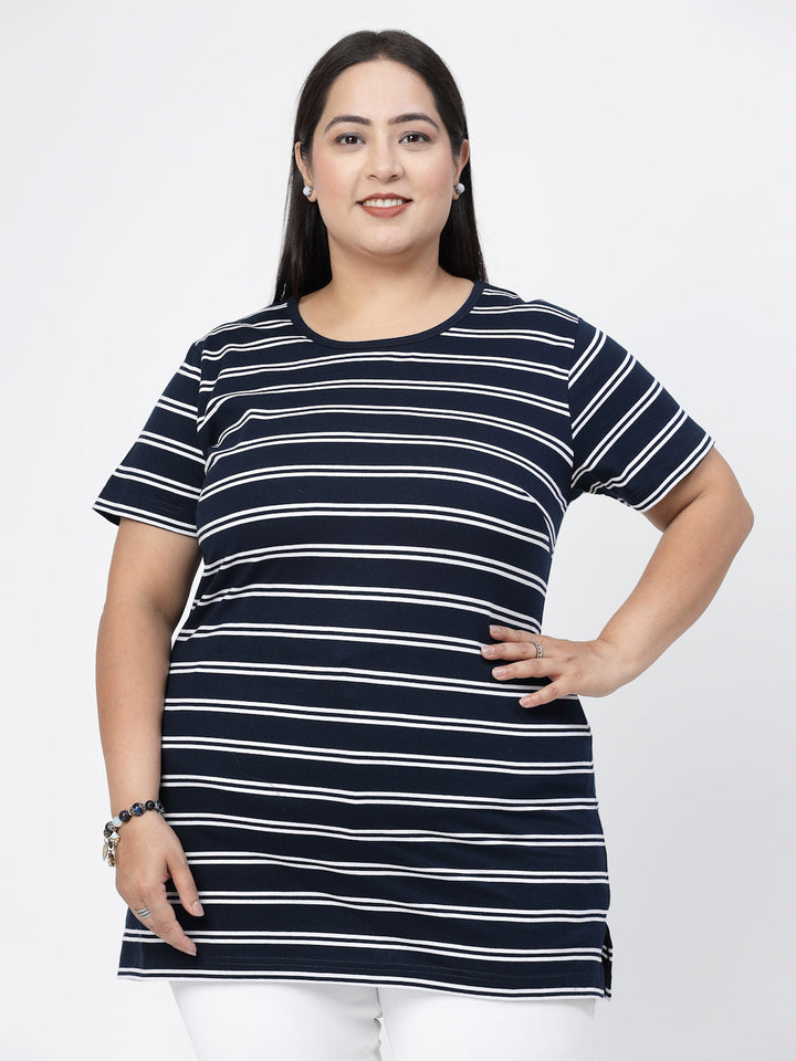 Round Neck Short Sleeves Striped Cotton Regular Fit Plus Size T-shirt