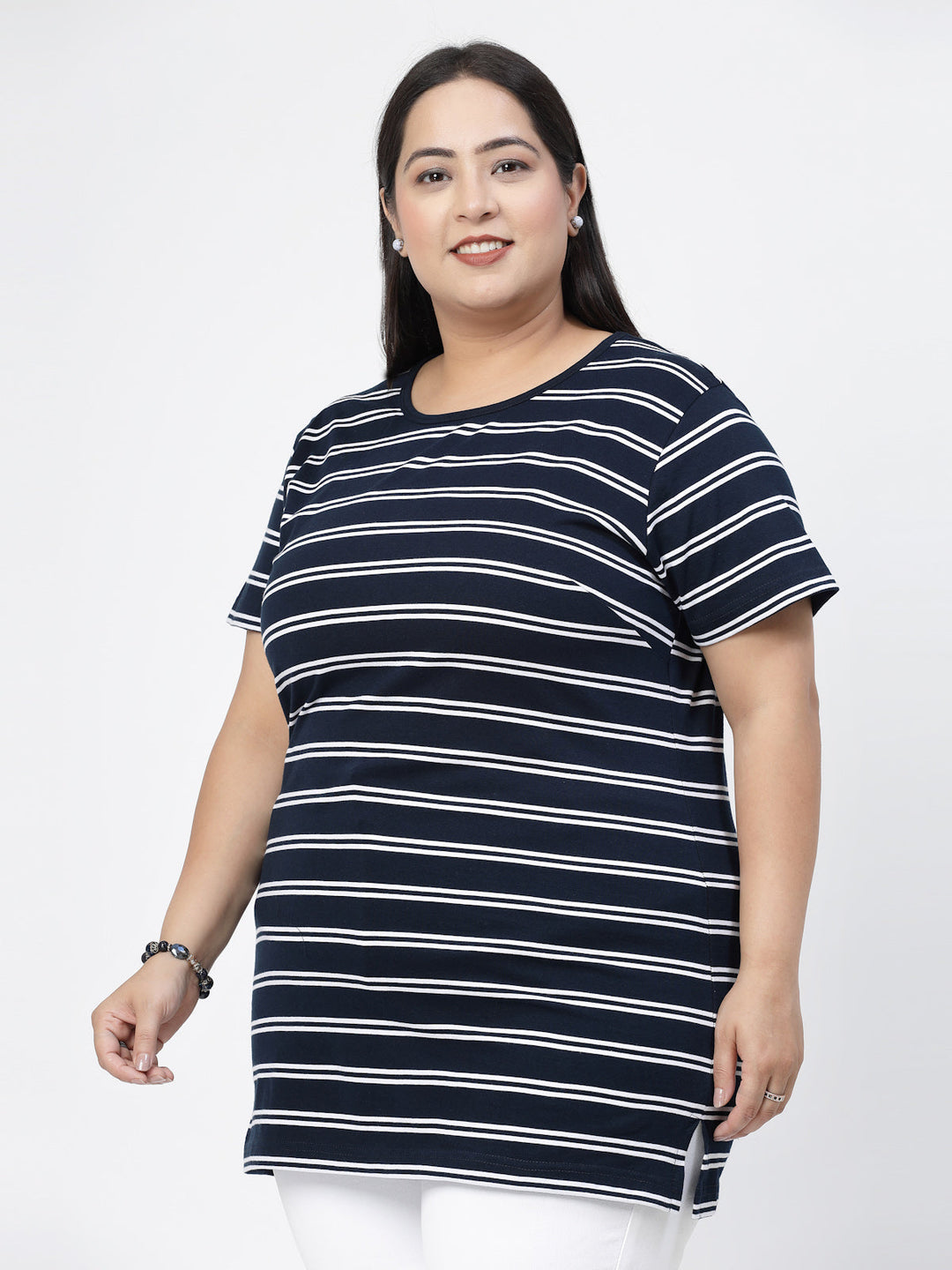 Round Neck Short Sleeves Striped Cotton Regular Fit Plus Size T-shirt