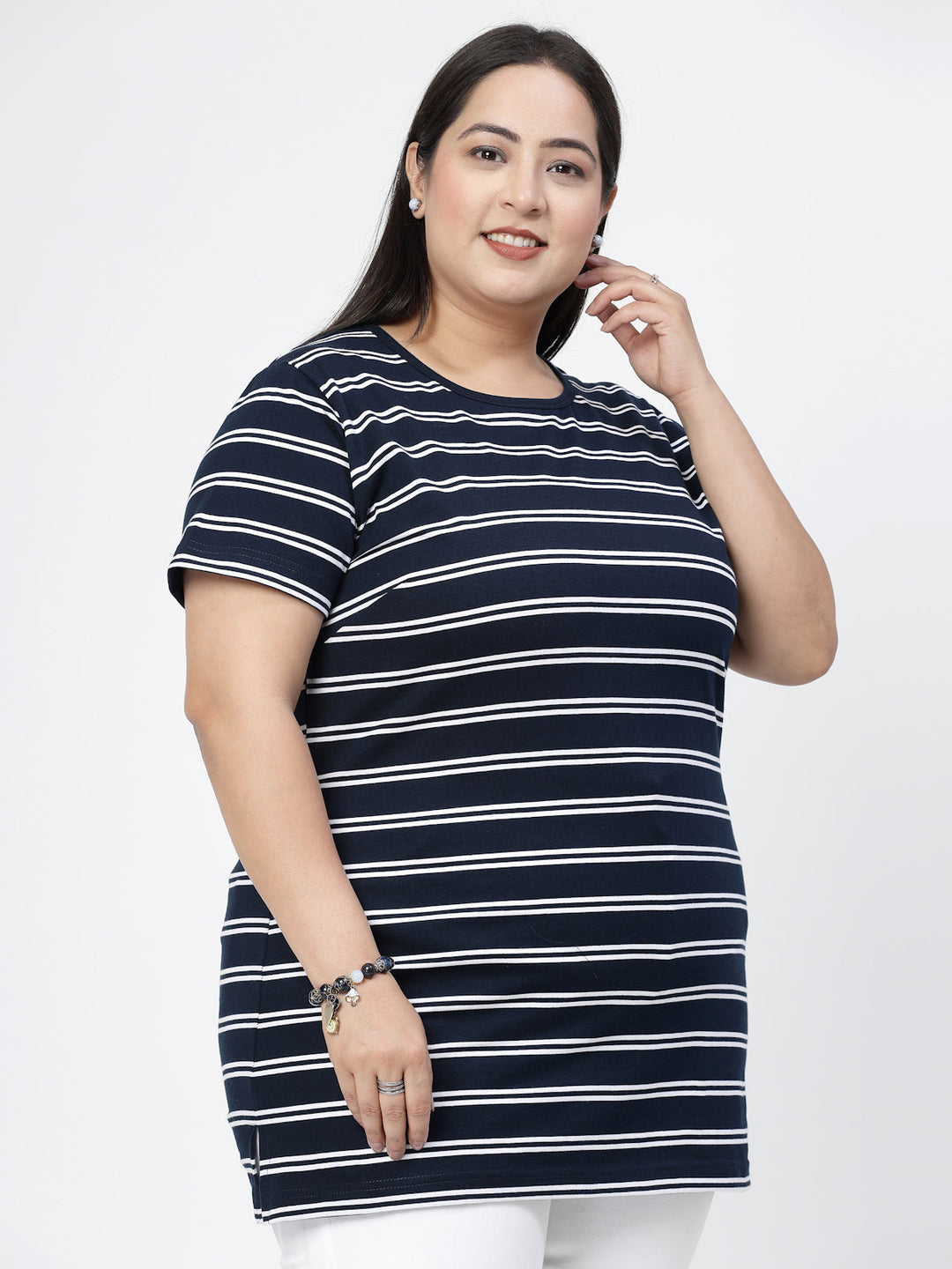 Round Neck Short Sleeves Striped Cotton Regular Fit Plus Size T-shirt