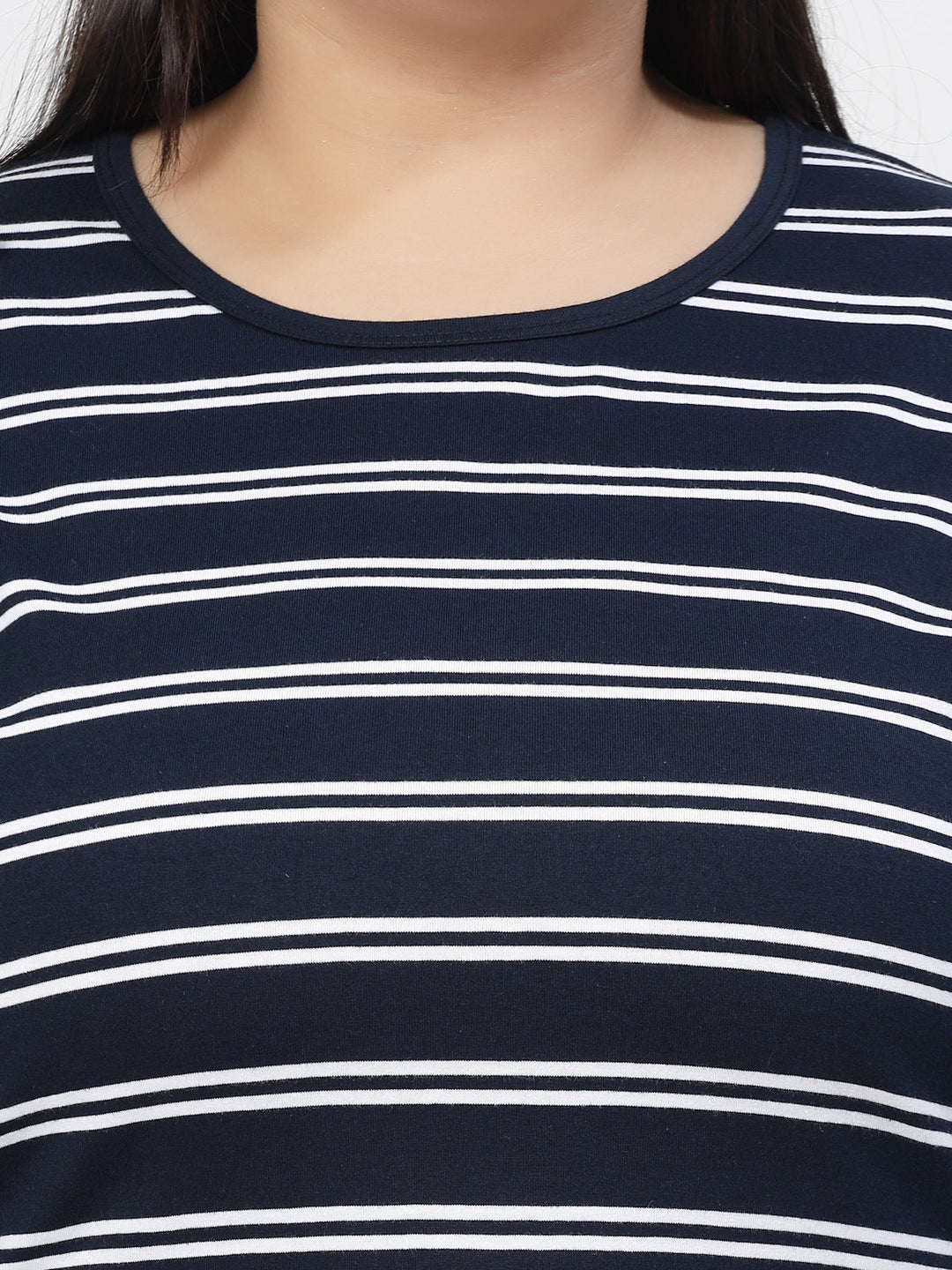 Round Neck Short Sleeves Striped Cotton Regular Fit Plus Size T-shirt