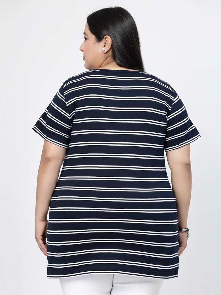 Round Neck Short Sleeves Striped Cotton Regular Fit Plus Size T-shirt