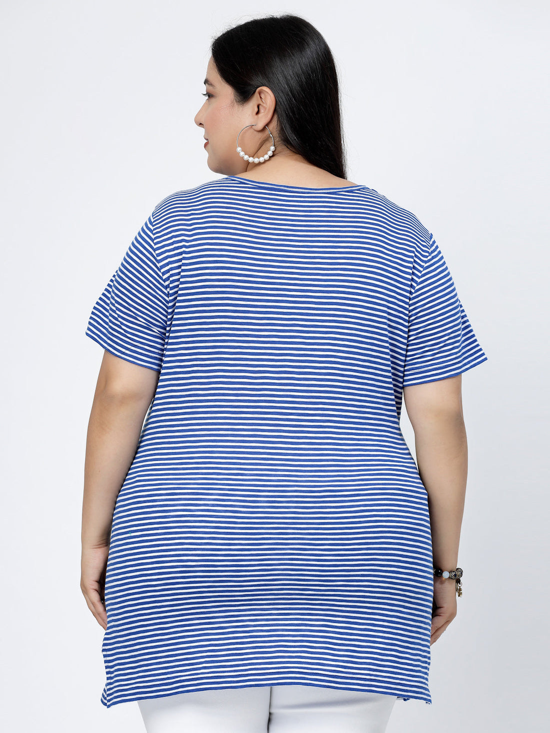 Round Neck Short Sleeves Striped Cotton Regular Fit Plus Size T-shirt