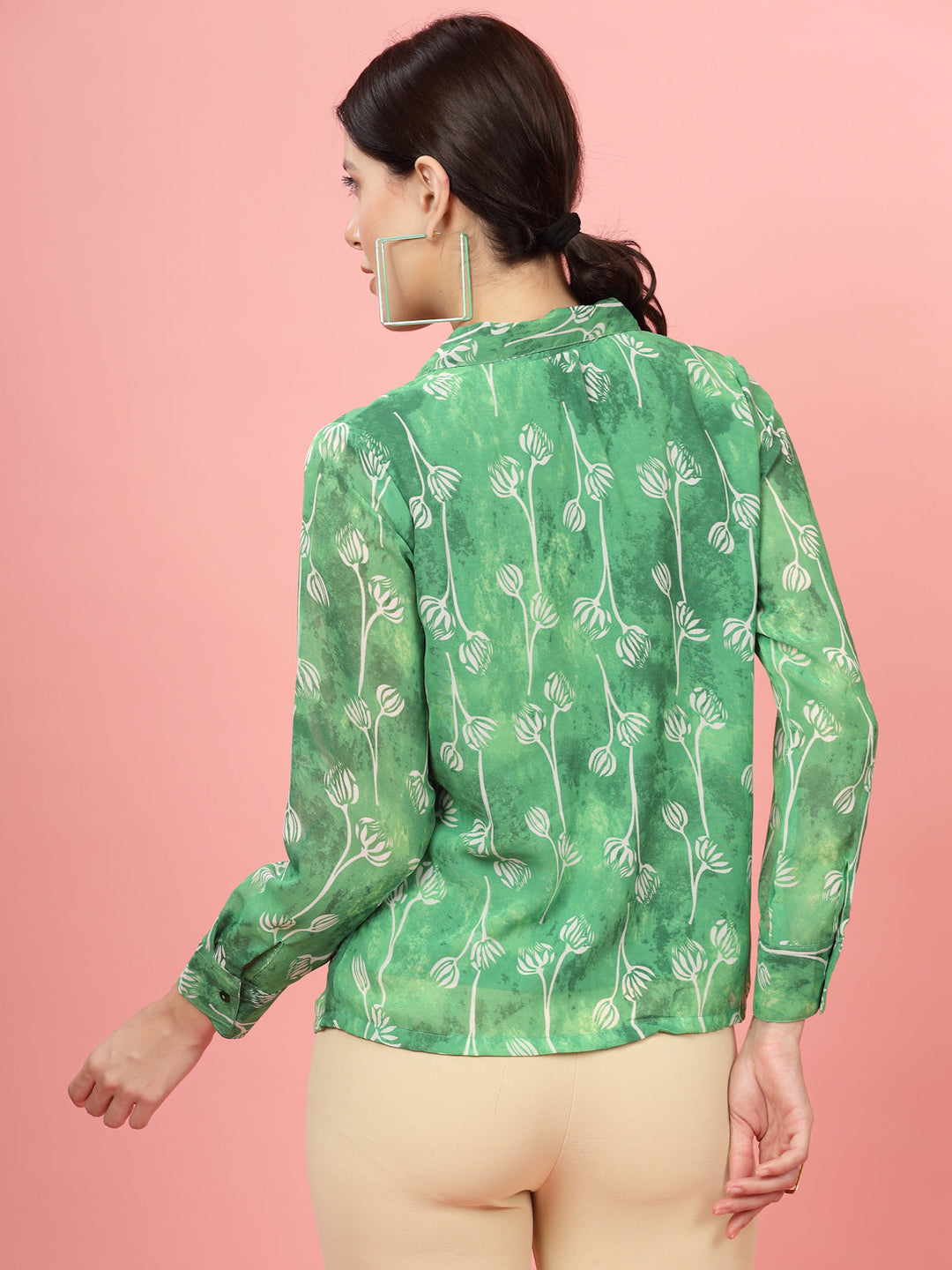 Green Floral Printed Cuban Collar Casual Shirt