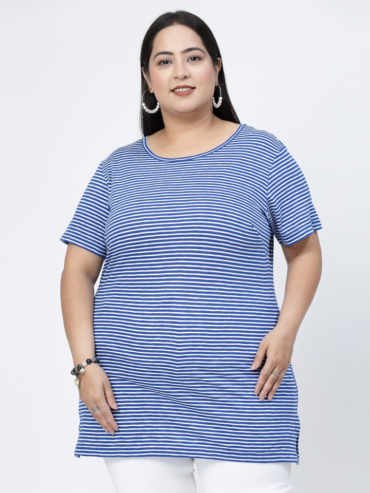 Round Neck Short Sleeves Striped Cotton Regular Fit Plus Size T-shirt