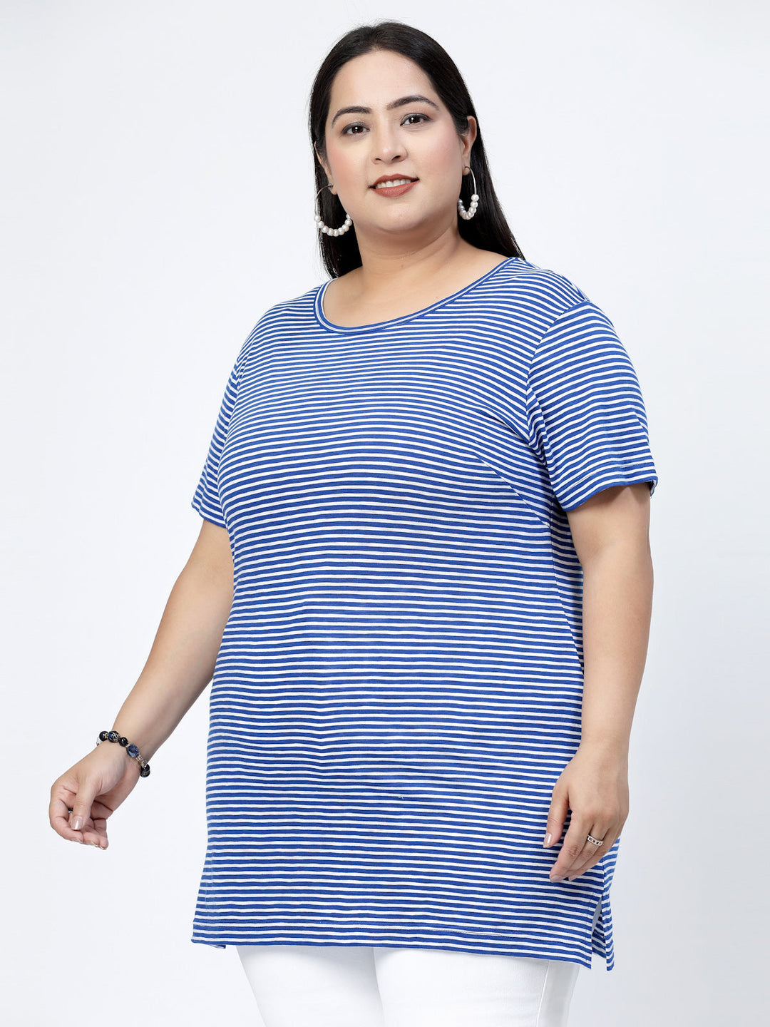 Round Neck Short Sleeves Striped Cotton Regular Fit Plus Size T-shirt