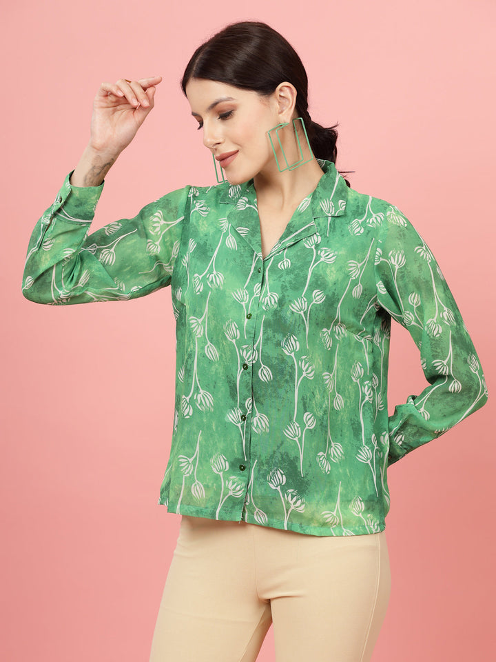 Green Floral Printed Cuban Collar Casual Shirt