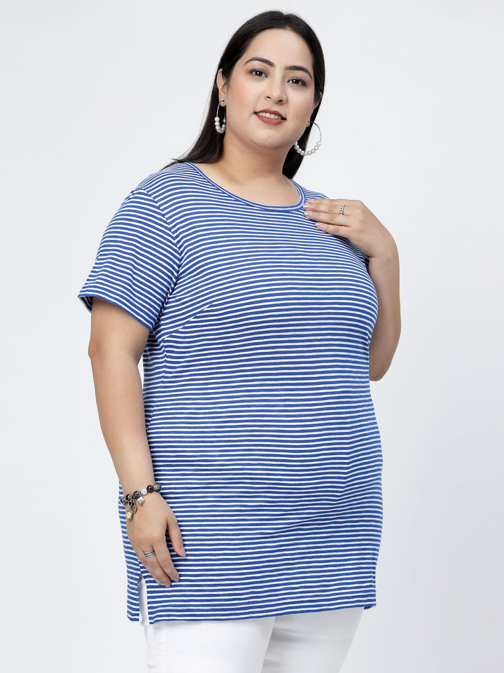 Round Neck Short Sleeves Striped Cotton Regular Fit Plus Size T-shirt