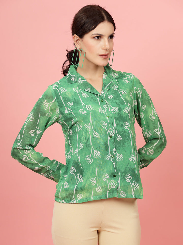 Green Floral Printed Cuban Collar Casual Shirt