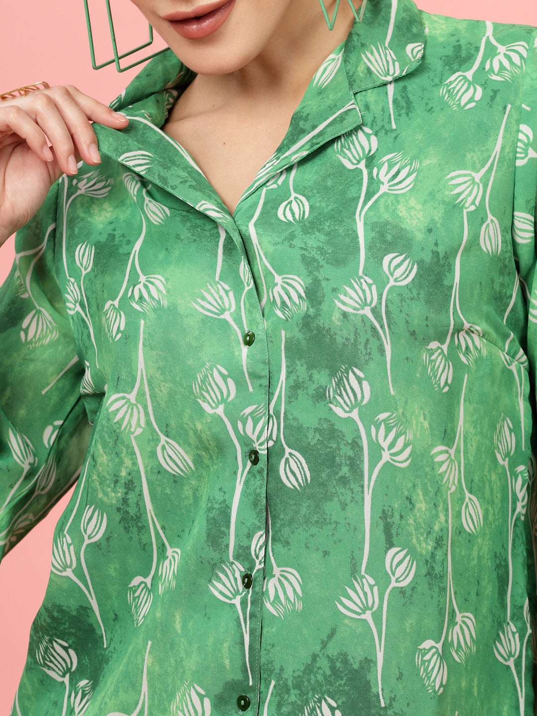 Green Floral Printed Cuban Collar Casual Shirt