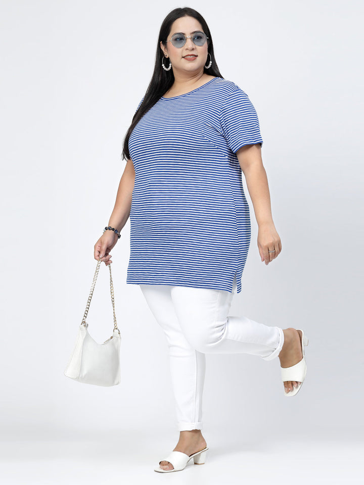 Round Neck Short Sleeves Striped Cotton Regular Fit Plus Size T-shirt