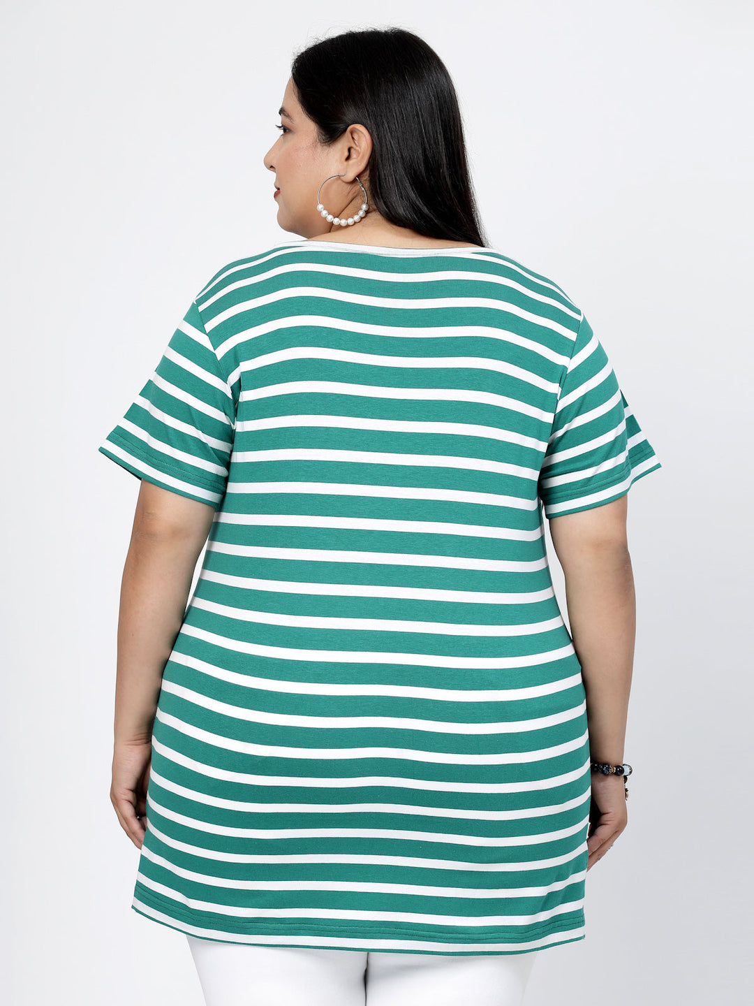 Plus Size Striped Printed Round Neck Short Sleeves Cotton T-shirt