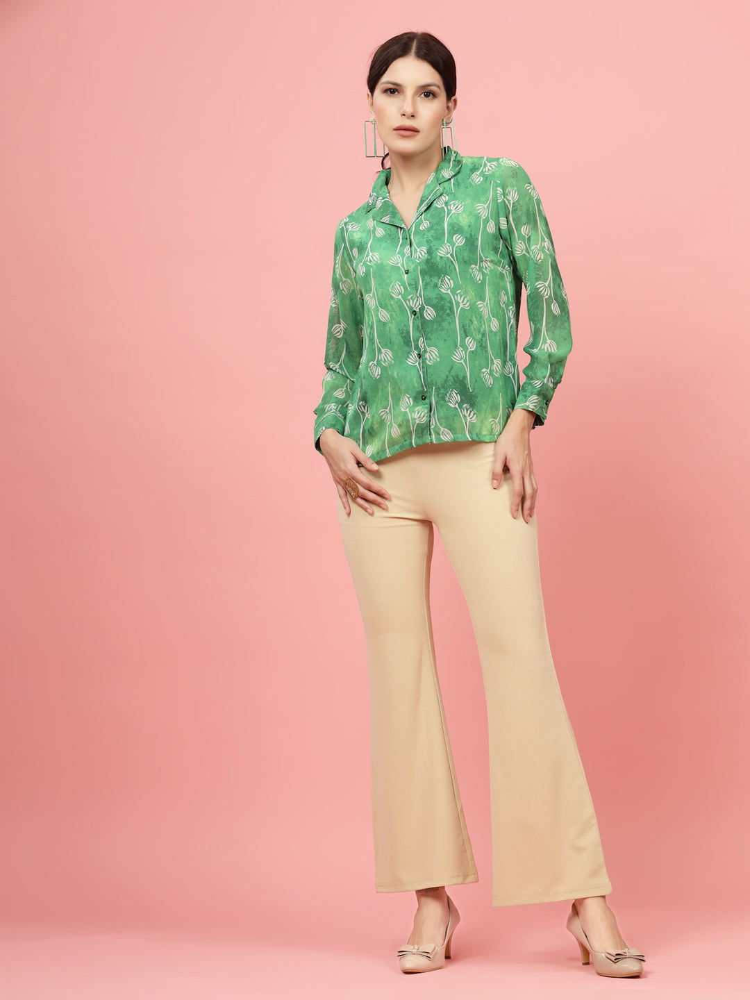 Green Floral Printed Cuban Collar Casual Shirt