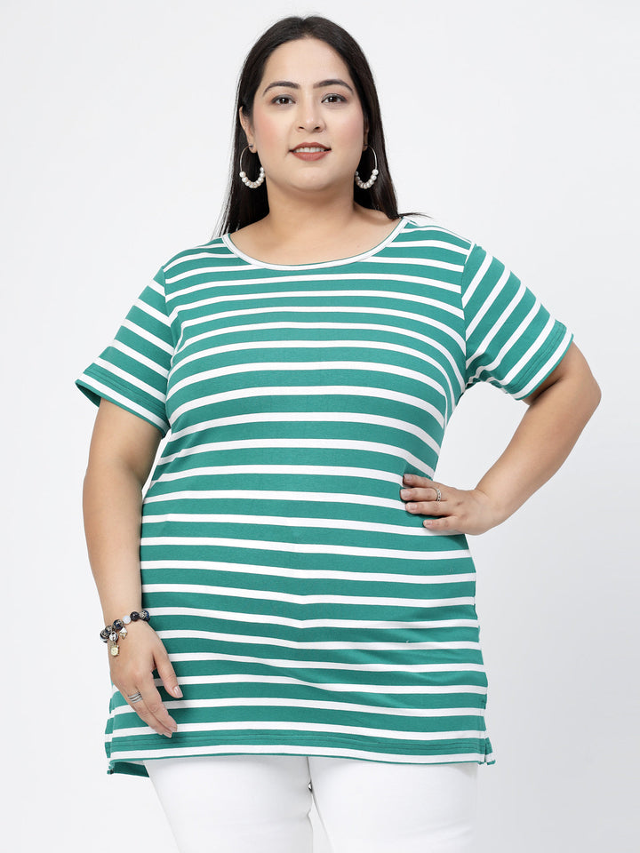 Plus Size Striped Printed Round Neck Short Sleeves Cotton T-shirt