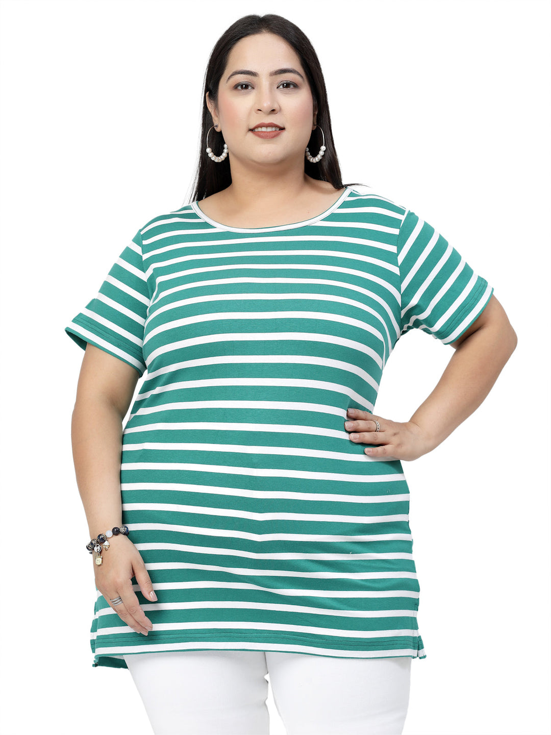 Plus Size Striped Printed Round Neck Short Sleeves Cotton T-shirt