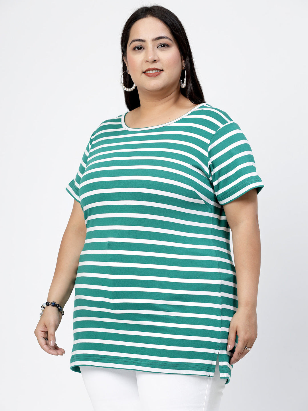 Plus Size Striped Printed Round Neck Short Sleeves Cotton T-shirt