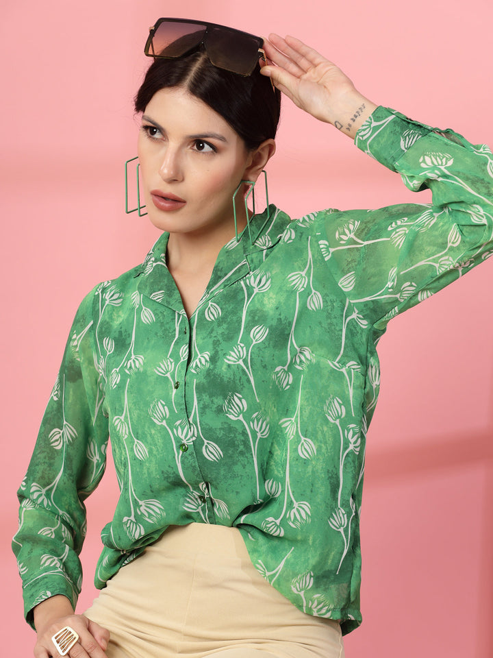 Green Floral Printed Cuban Collar Casual Shirt