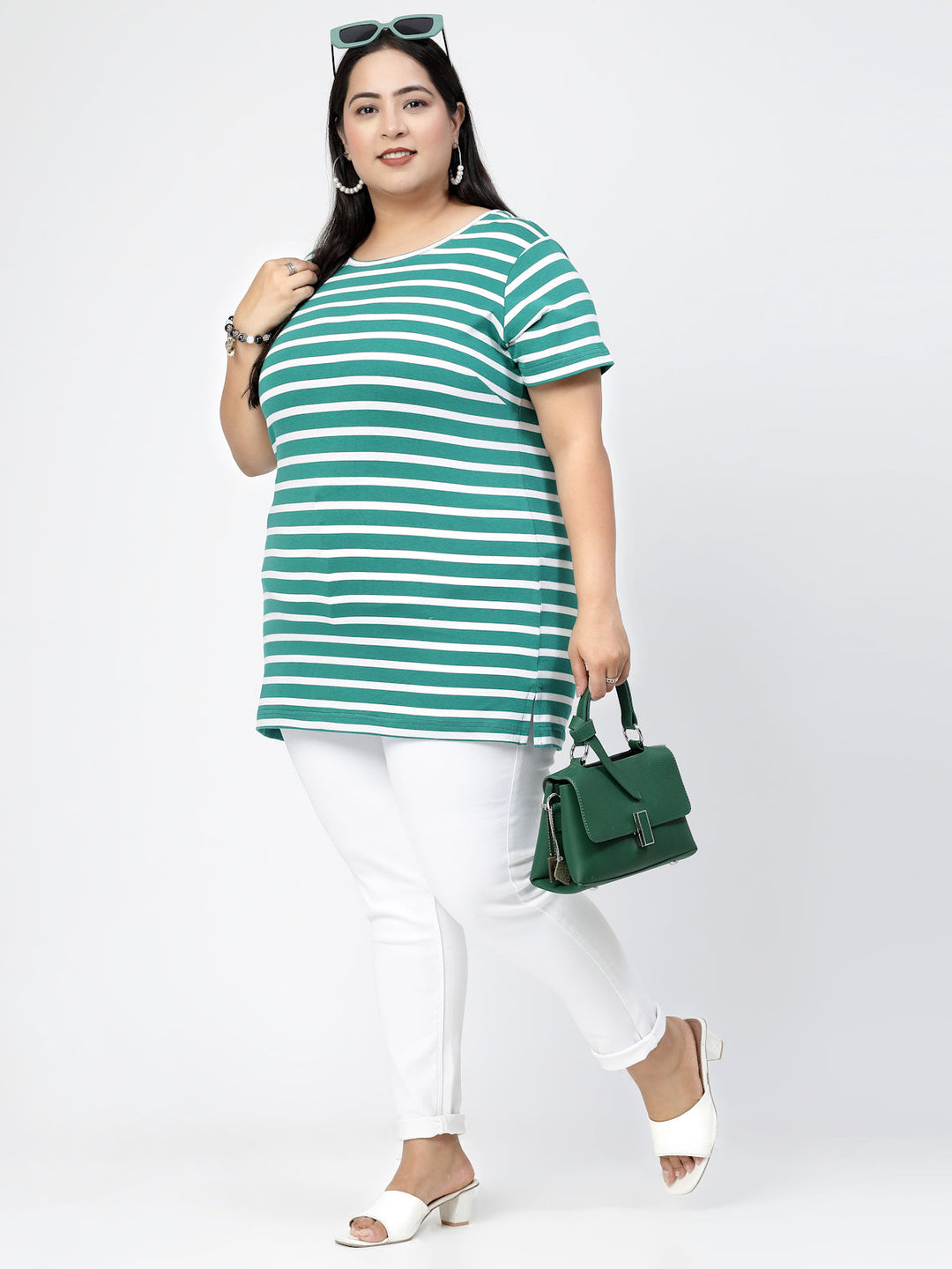 Plus Size Striped Printed Round Neck Short Sleeves Cotton T-shirt