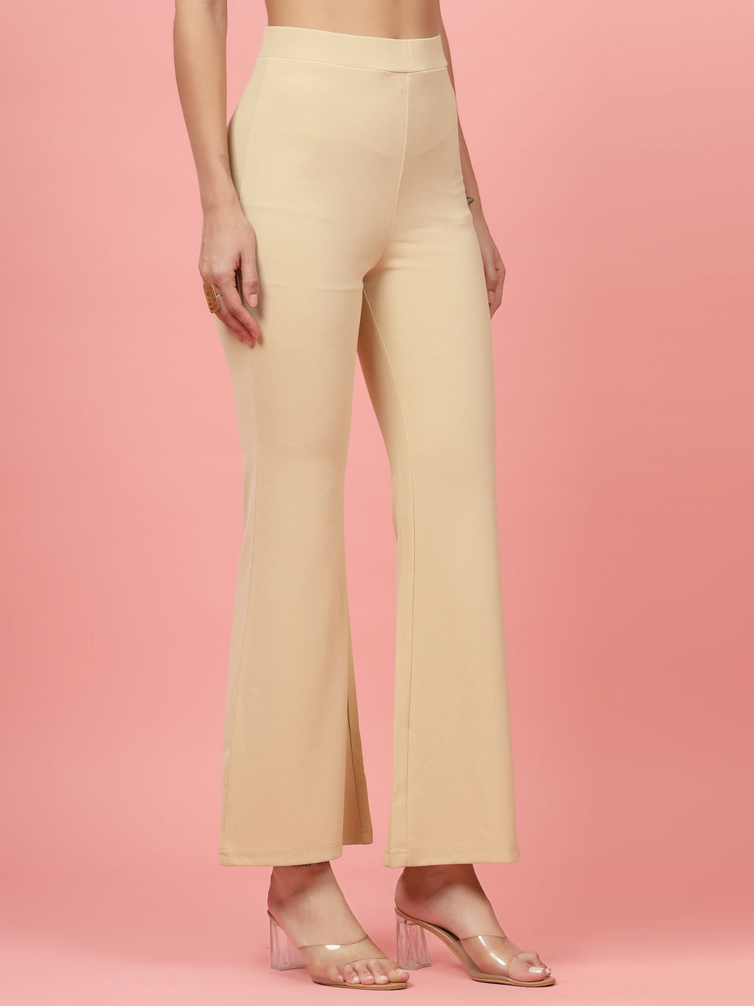 Women Beige Bootcut Regular Fit High-Rise Trousers