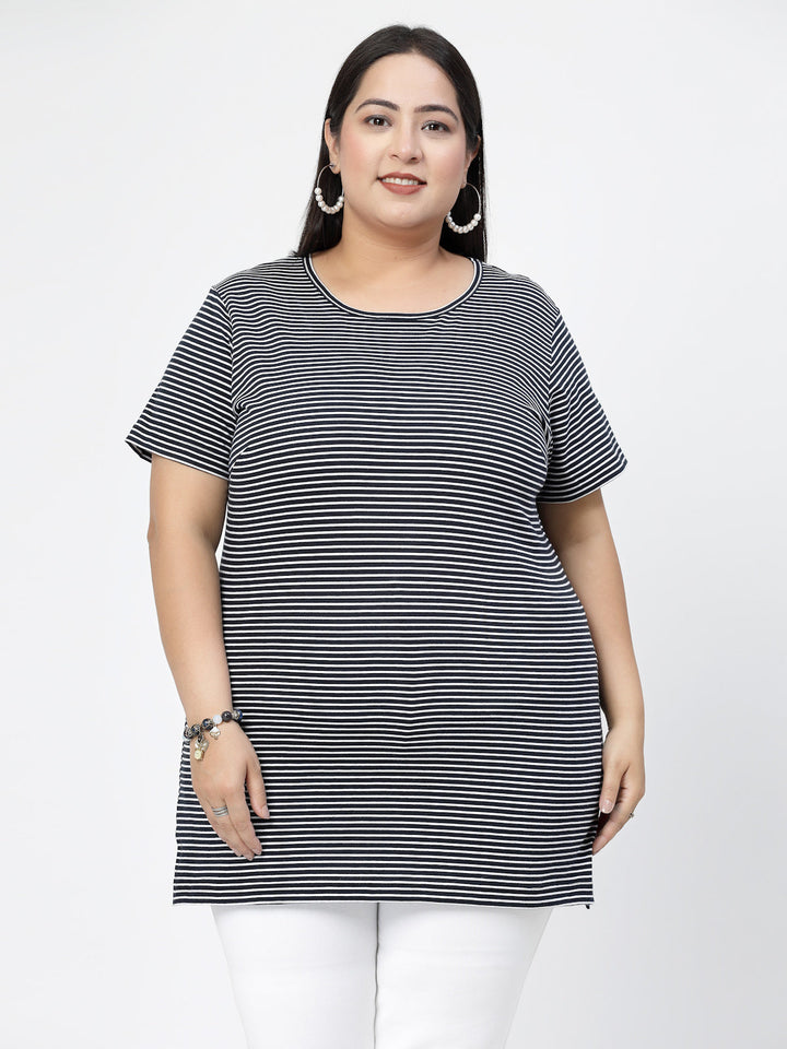 Round Neck Short Sleeves Striped Cotton Regular Fit Plus Size T-shirt