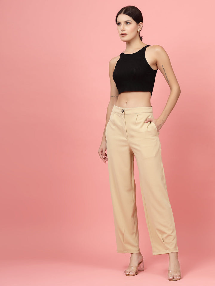 Women Beige Regular Fit Mid-Rise Parallel Trousers