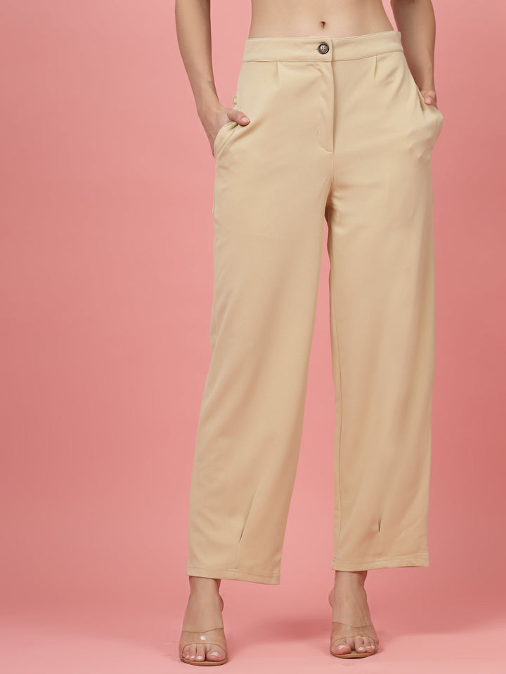 Women Beige Regular Fit Mid-Rise Parallel Trousers